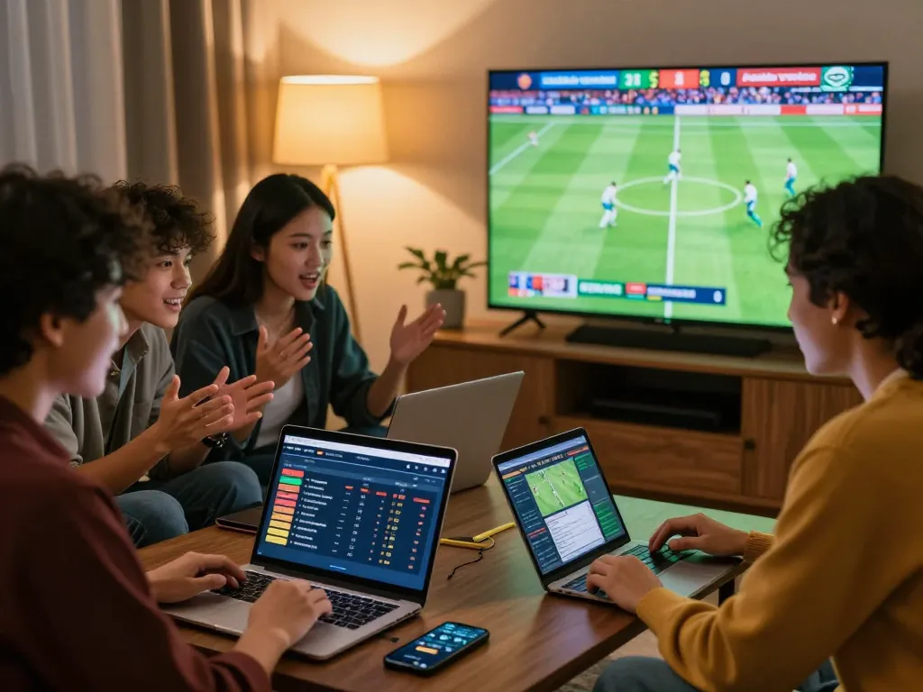 Friends engaging with Luongson TV for live sports betting and strategies at home.