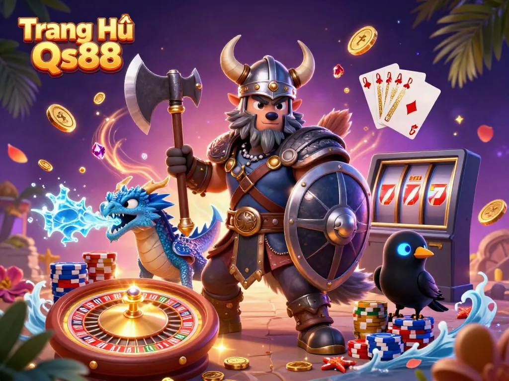Engage with the vibrant gaming world of Trang Chủ Qs88 featuring a Viking warrior, dragon, and casino elements.