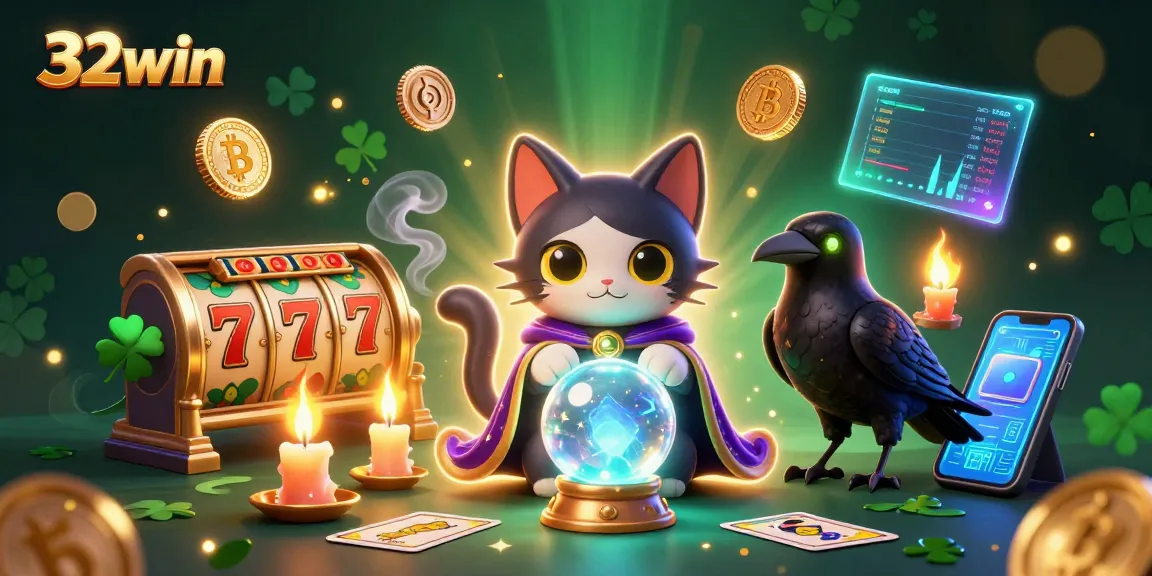 Experience the thrill of slots at 32win with vibrant games and mystical characters in a glowing digital casino.