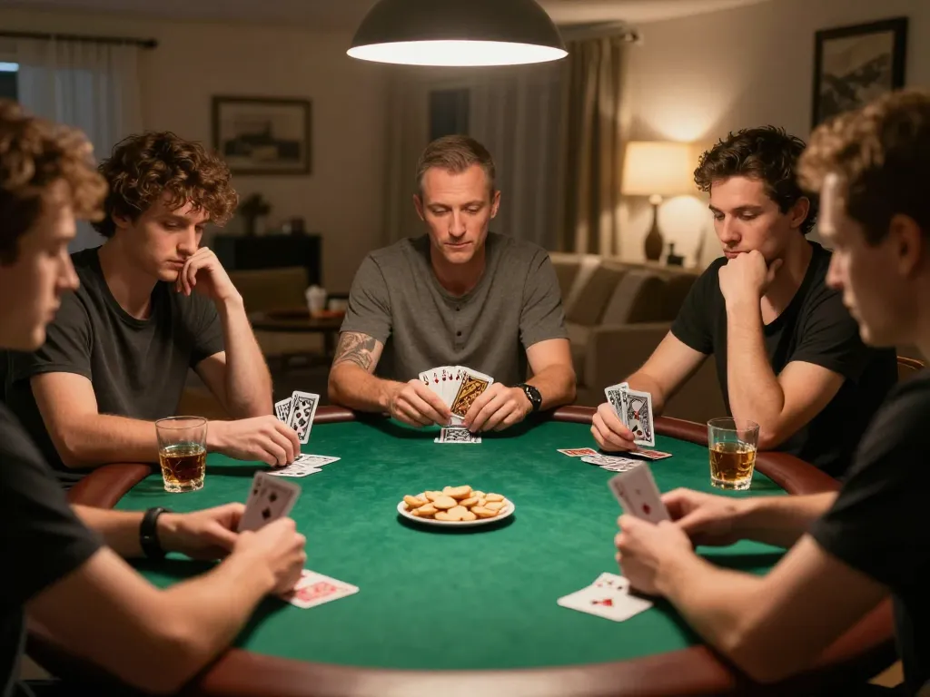 Xóc đĩa players making strategic bets in a cozy home poker night setting with drinks and snacks