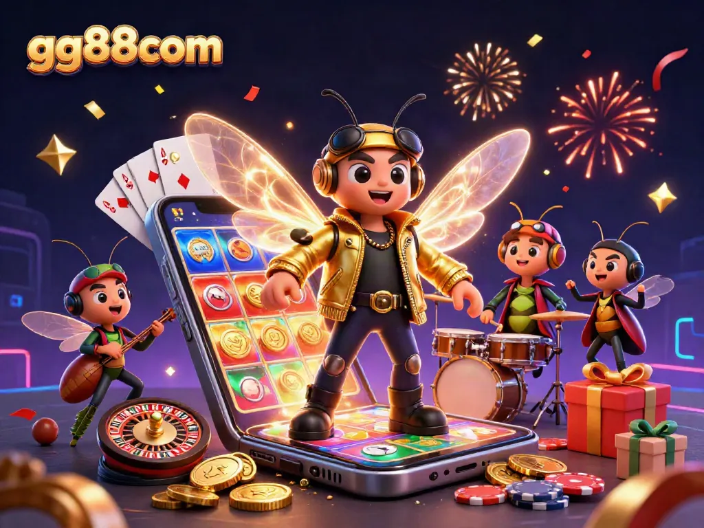 Experience thrilling gaming action with gg88com's vibrant casino scene featuring rock star characters.