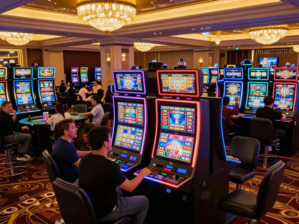 Players celebrate winning on lucky88 slot machines in a vibrant casino atmosphere.