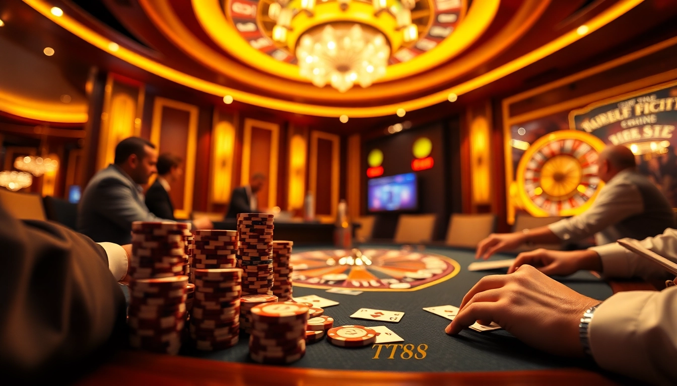 Experience the thrill of poker at TT88, featuring stacks of chips and a live dealer.