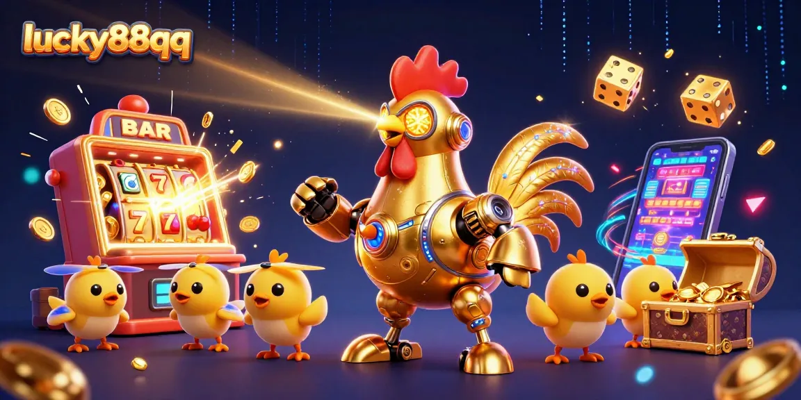Engage with lucky88qq's dynamic casino world featuring a golden rooster robot amidst vibrant slot action.