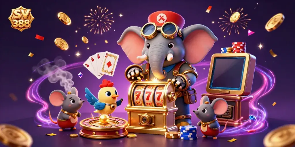 Spin the reels of SV 388’s golden slot machine while a steampunk elephant generates winning moments in 3D.