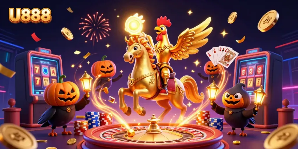 Win big with U888 as the golden rooster rides through a vibrant casino filled with treasure.