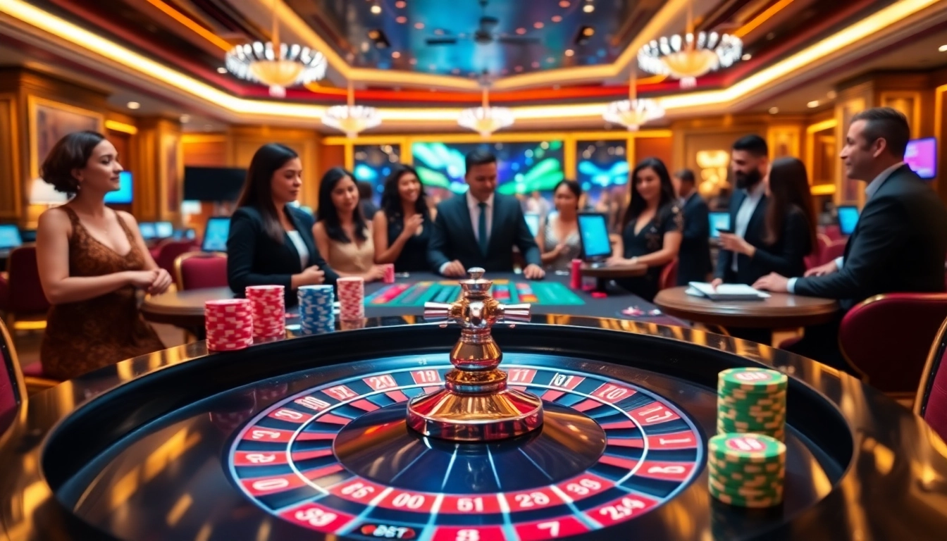 Gamblers enjoying a thrilling game at F8BET, surrounded by vibrant casino elements.