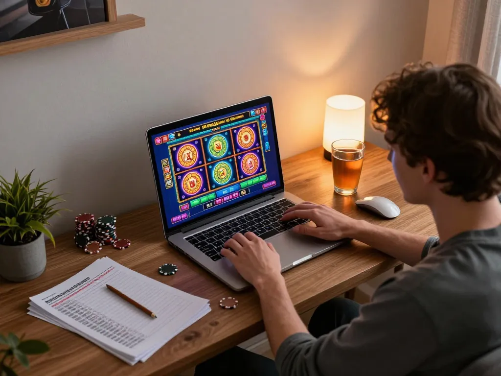 Engaged online player enjoying slot games at home, showcasing g28 trang chủ gaming experience.