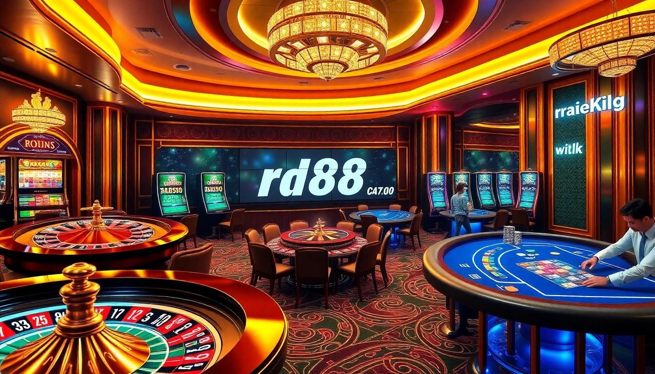 Experience the excitement of rr88 đăng nhập at a luxurious casino featuring vibrant slot machines and professional dealers.