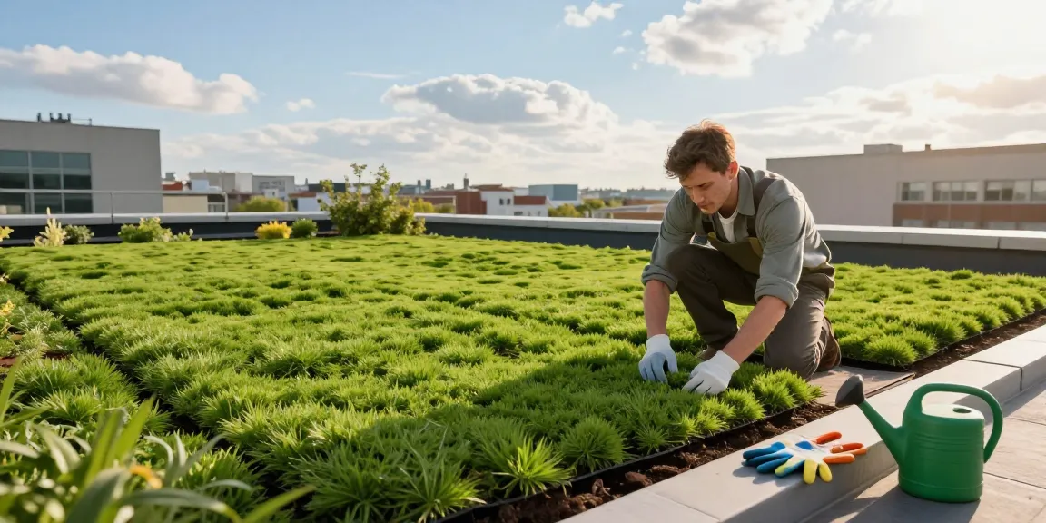 wat kost sedumdak per m2 met een tuinier die levendige sedummatten installeert op een stedelijk dak tijdens zonnig weer