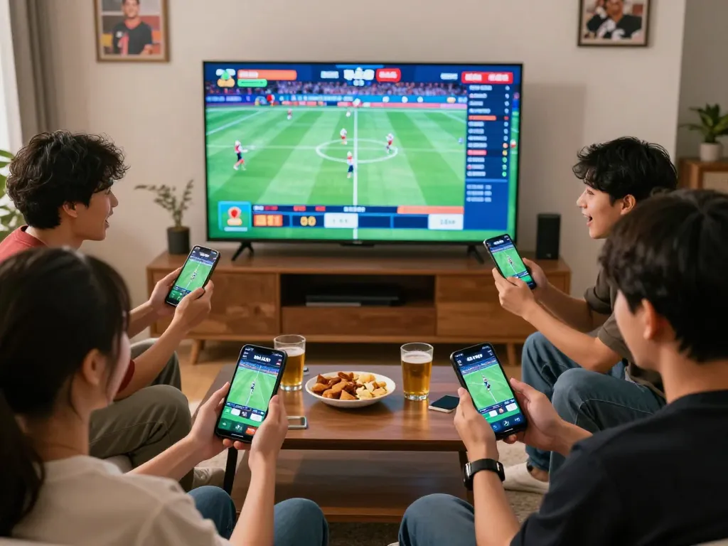 Friends engaged in Đá gà Fabet betting app during a live sports event at home
