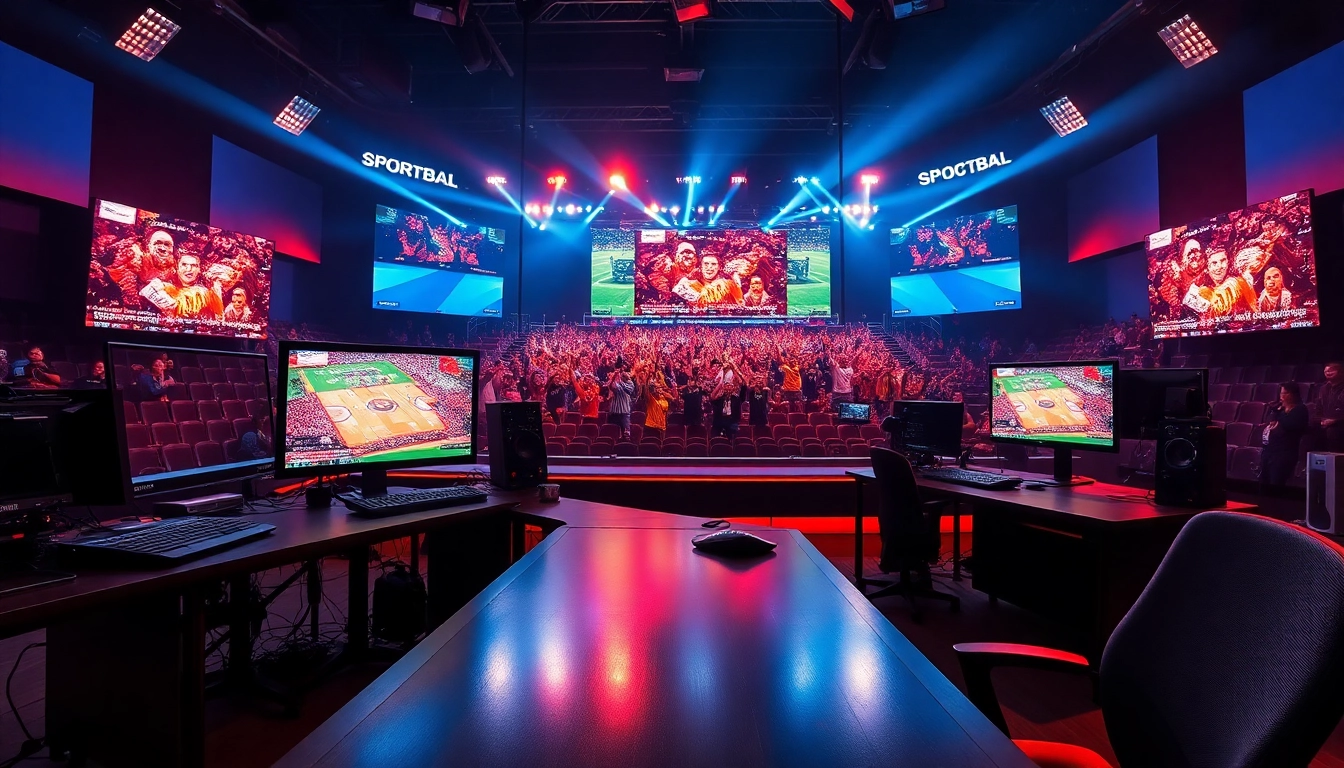 Engaging sports broadcasting scene showing a high-tech studio with vibrant displays and live feeds.