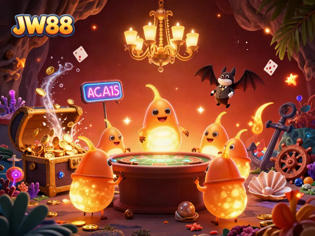 Engage in exciting gameplay at JW88's vibrant casino, illuminated by glowworms and packed with treasures.
