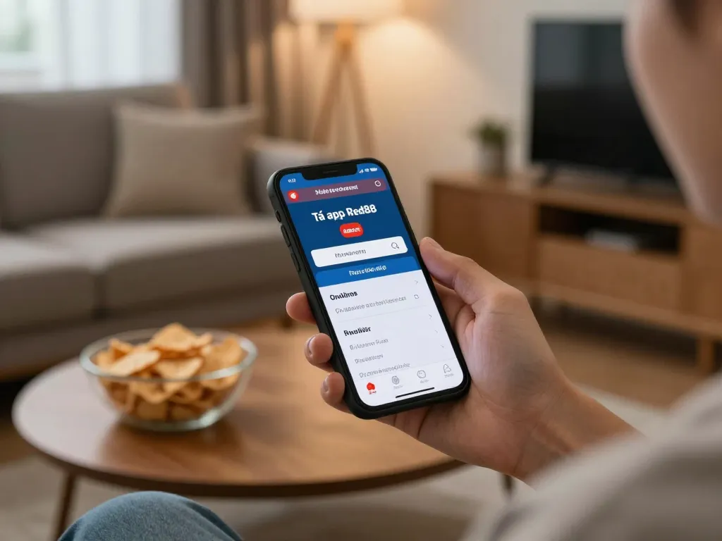 Tải app Red88 displayed on smartphone in a cozy home setup for online gaming.