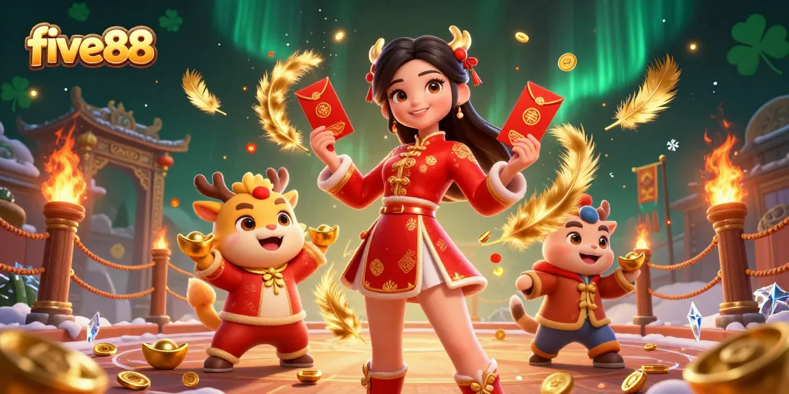Experience winning vibes at five88 with a vibrant Lunar New Year celebration showcasing fortune symbols, gold coins, and festive elements.