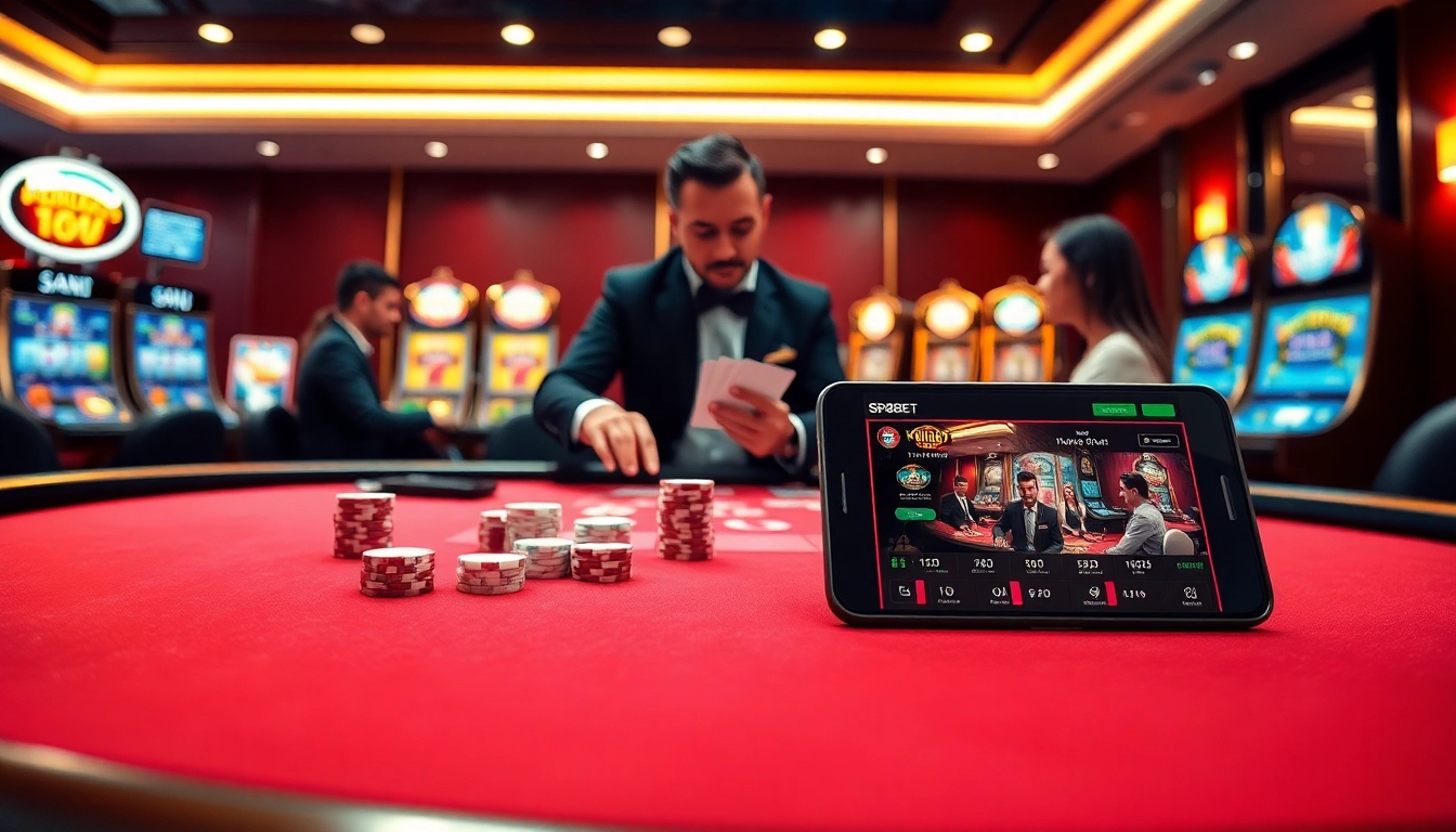Experience the thrill of gambling at an SP8BET table with lively players and vibrant casino elements.