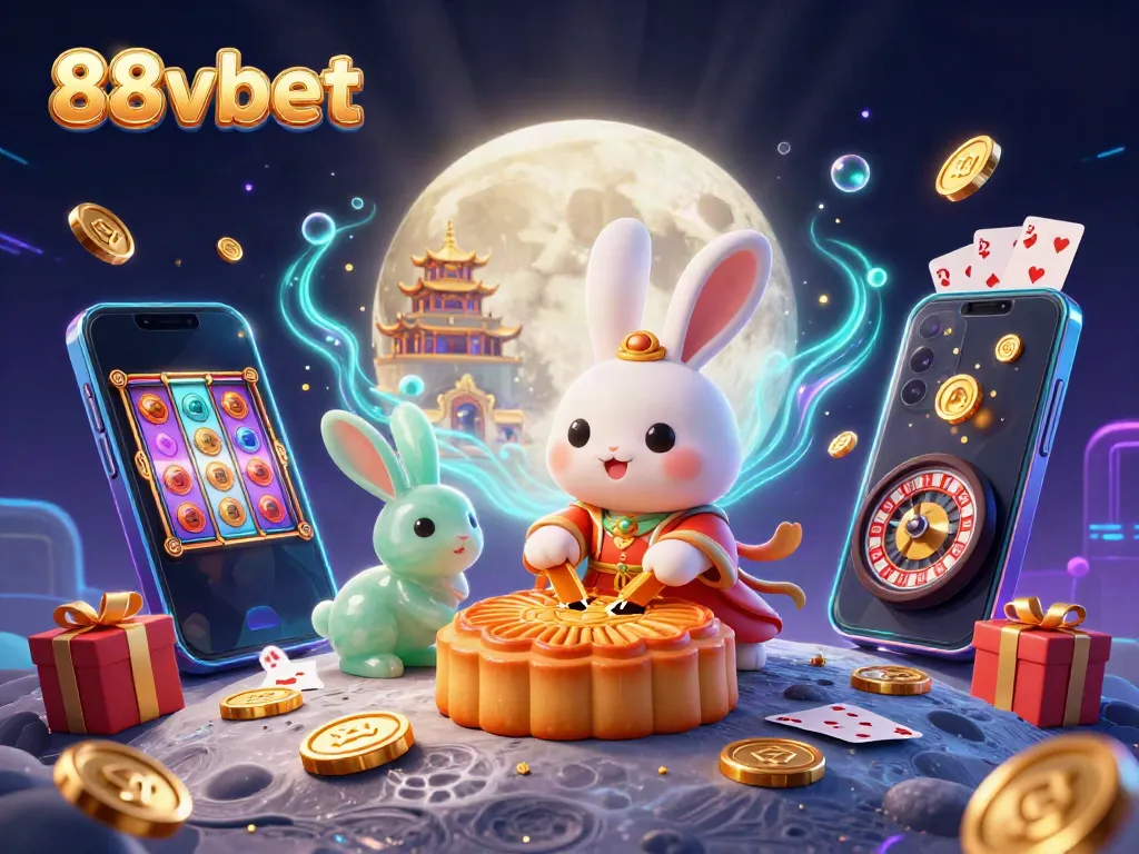 Enter the world of excitement with 88vbet featuring a playful moon rabbit and casino elements in a vibrant lunar scene.