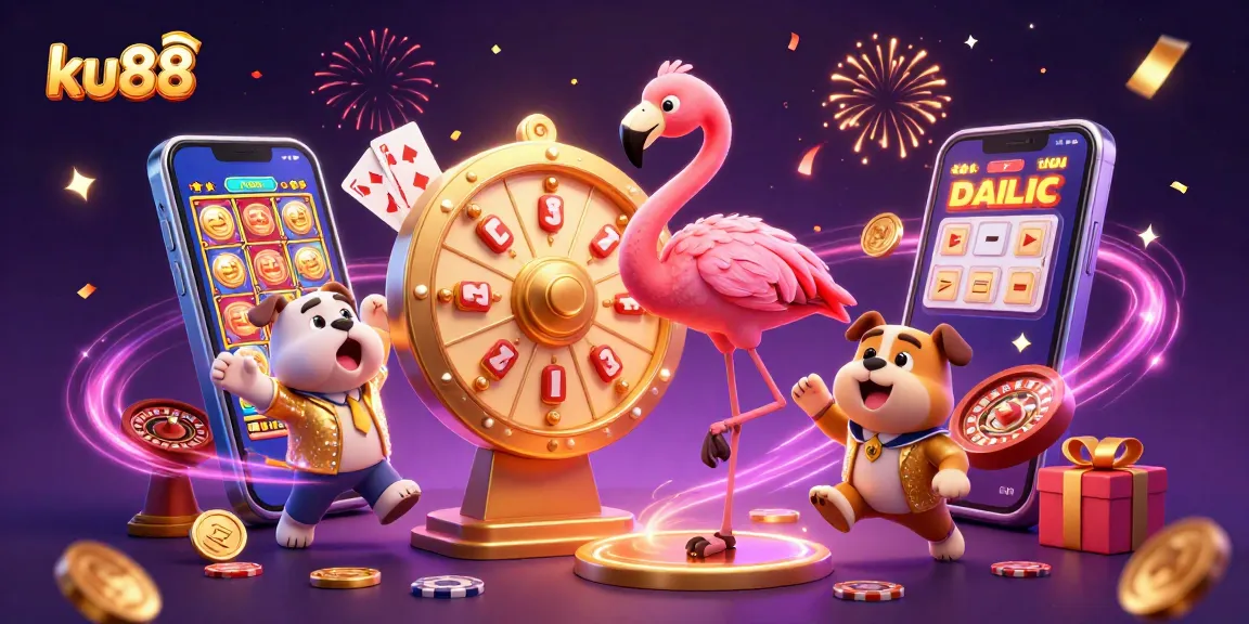 Get ready to win big at ku88 with a dynamic game show scene featuring exciting players and casino elements.