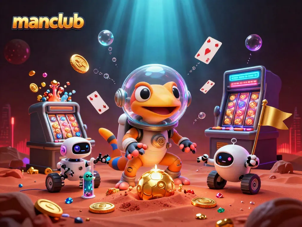 Explore exciting games at manclub's golden casino on Mars, featuring vibrant treasures and playful characters.