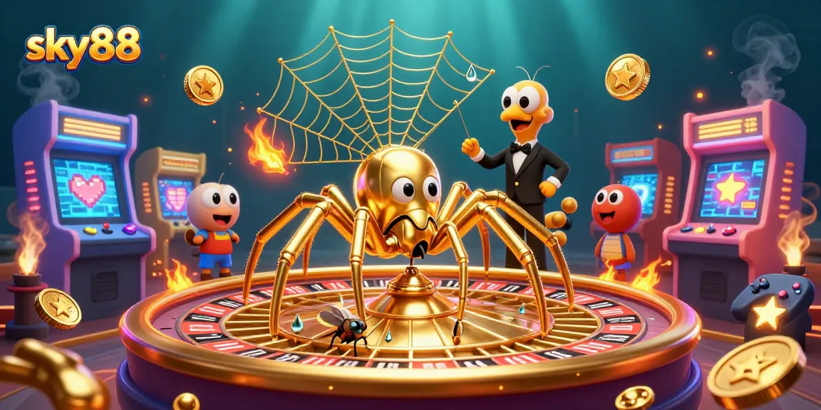 Experience thrilling bets at sky88 with a 3D cartoon casino scene featuring a roulette wheel and colorful game machines.