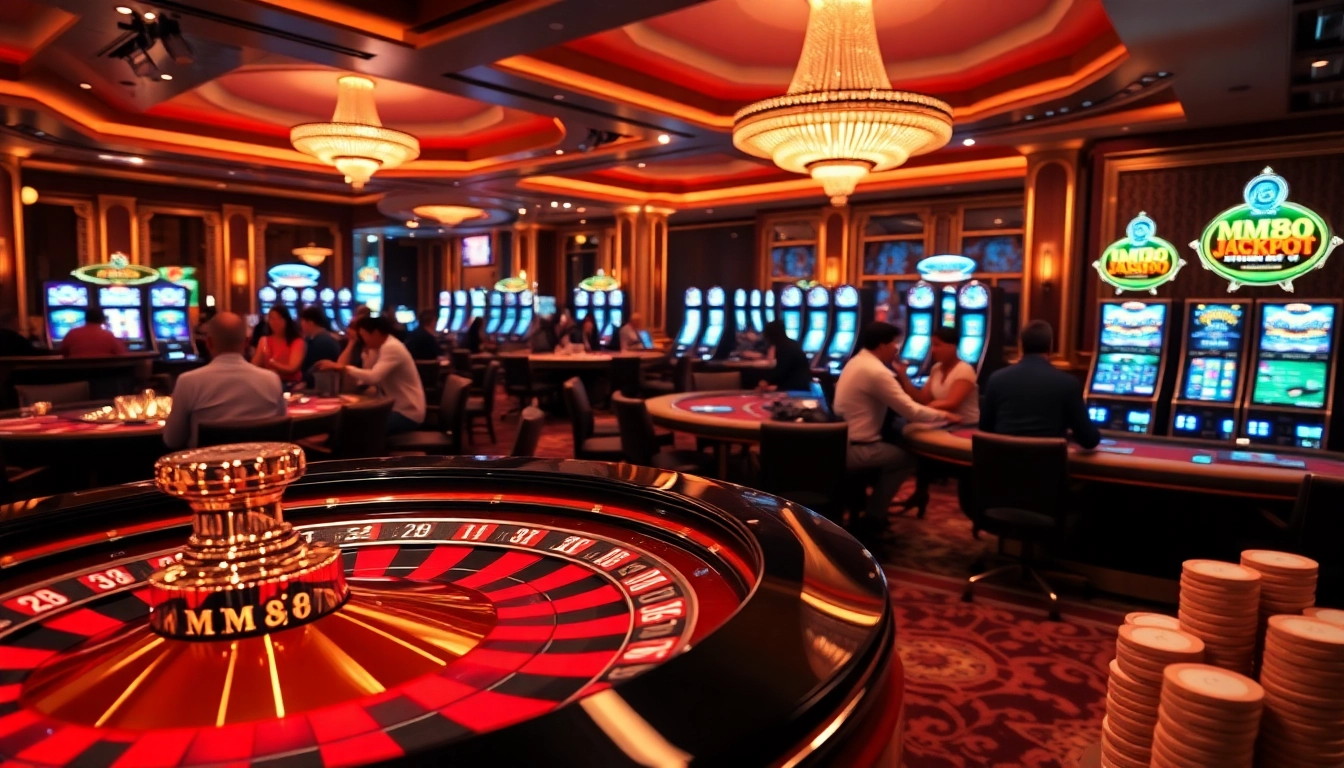 MM88 logo displayed on a luxurious roulette wheel amidst an exciting casino scene with players and gaming tables.