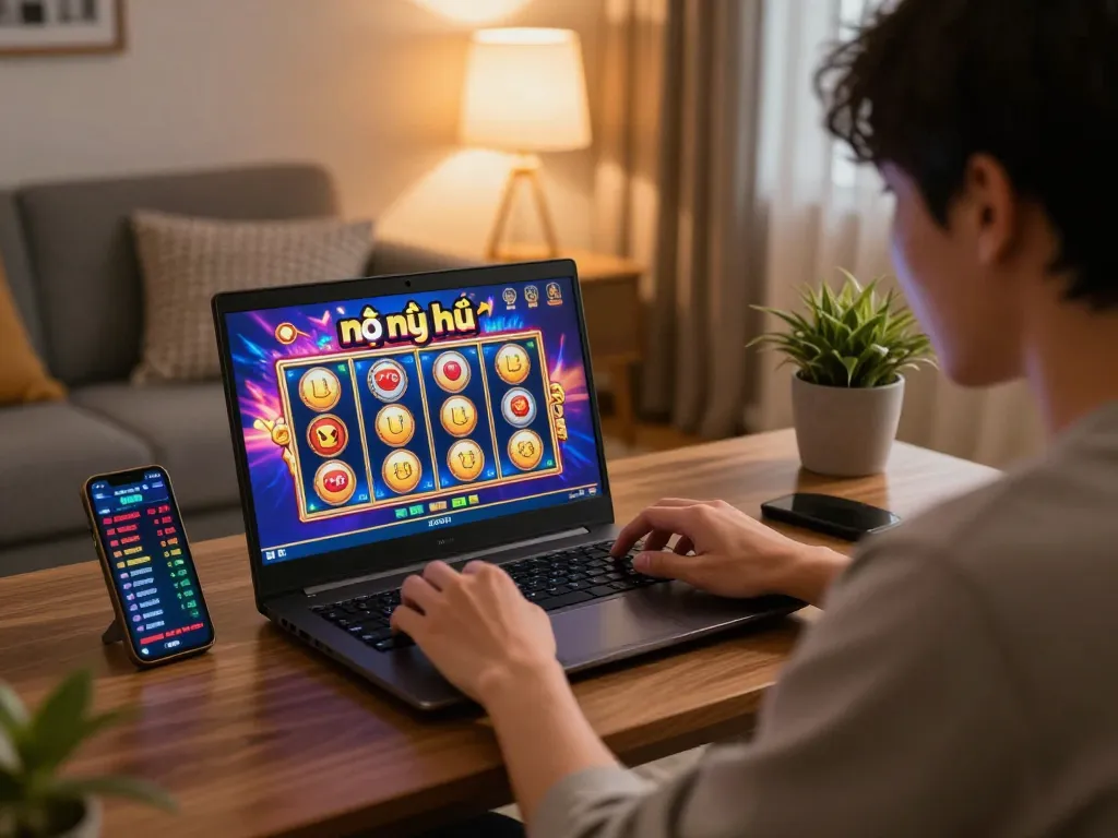 Nổ hũ gameplay on a laptop with engaging visuals in a cozy home setting showcasing excitement and strategy.