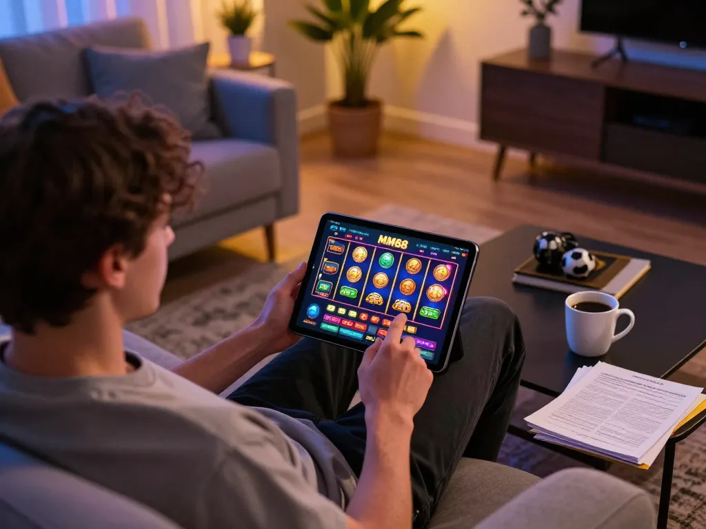 Engaged player using the MM88 app on a tablet for online gambling in a cozy home setting.