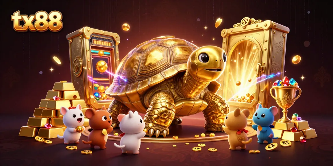 Join the excitement of tx88 gaming with a vibrant scene featuring golden treasures and a colossal tortoise pinball machine.