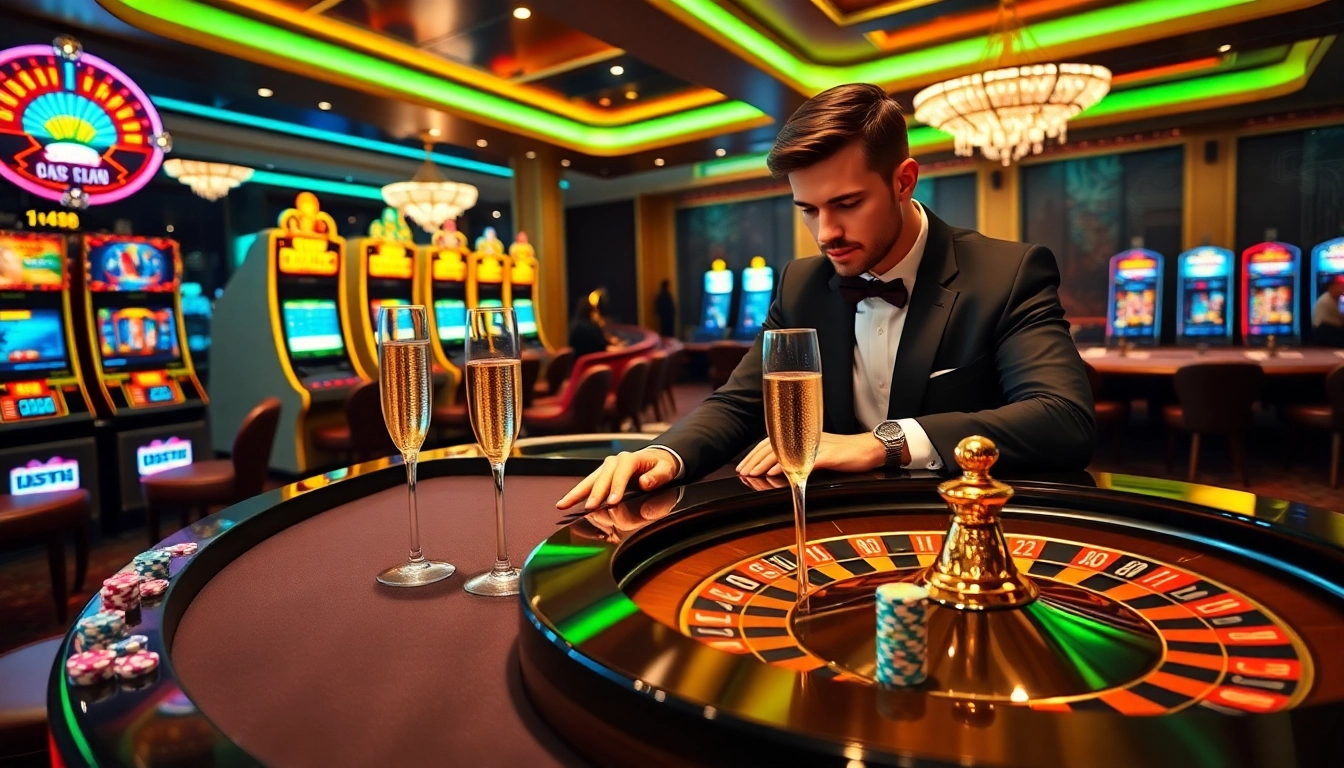 An exciting gambling scene showcasing Link vào oxbet with vibrant slot machines, roulette table, and poker chips.