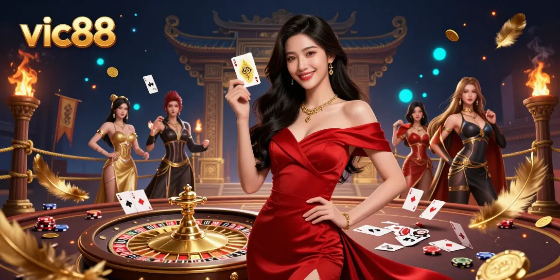 Experience vibrant gambling moments with vic88, featuring elegant casino scenes and dynamic playing elements.