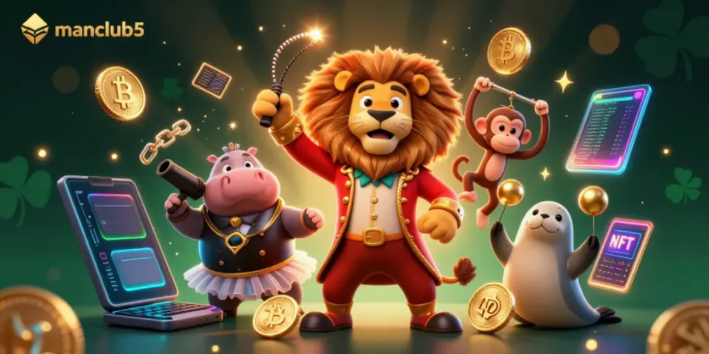 Experience excitement with manclub5 at a vibrant casino scene featuring colorful characters and crypto elements.