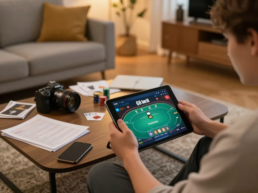 Engaged player enjoying 68 Game Bài on a tablet in a stylish home, highlighting online gaming experience