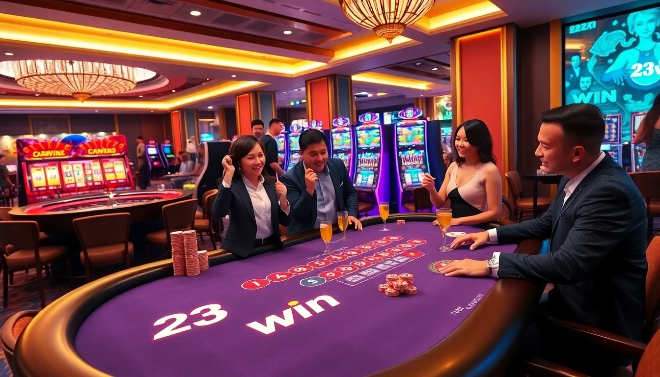 Experience the thrill of 23win at a vibrant casino table with chips and slot machines.