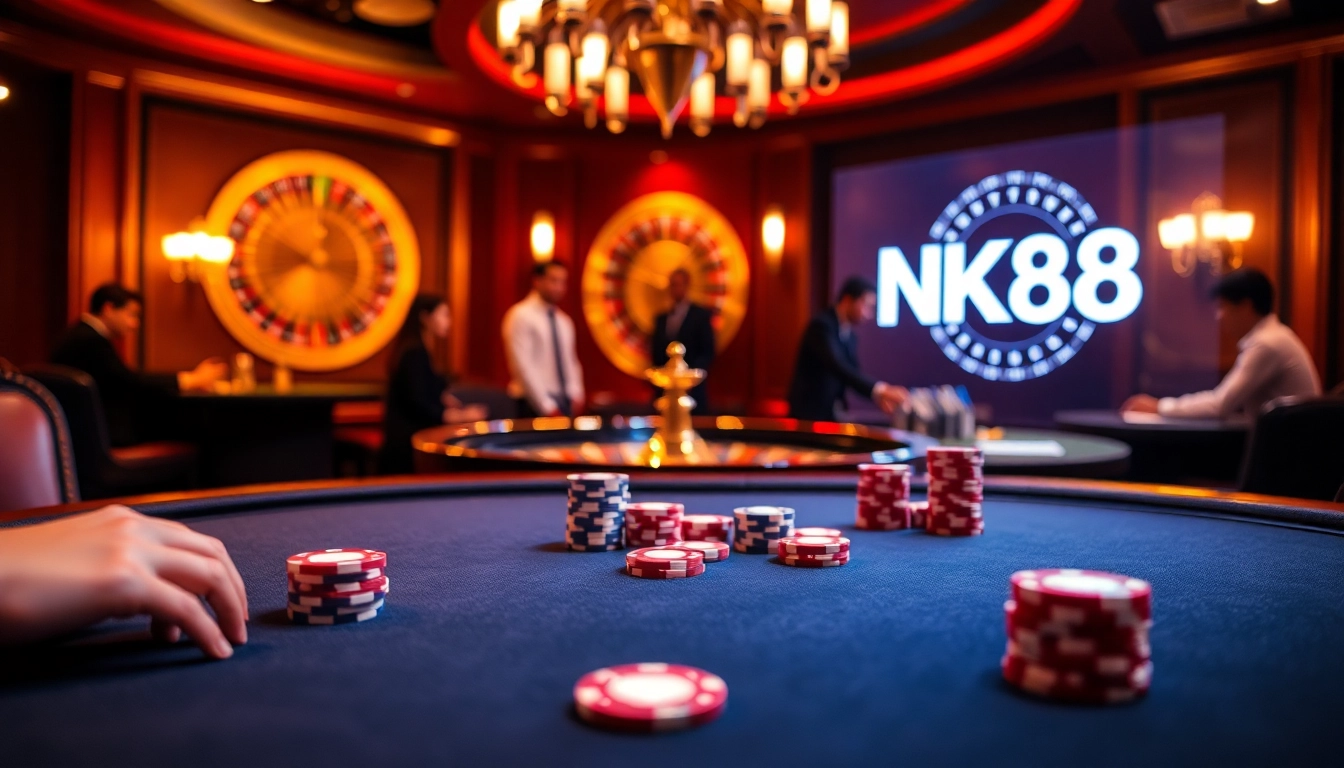 Exciting casino scene with NK88 logo, poker table, and roulette wheel in a luxurious setting.