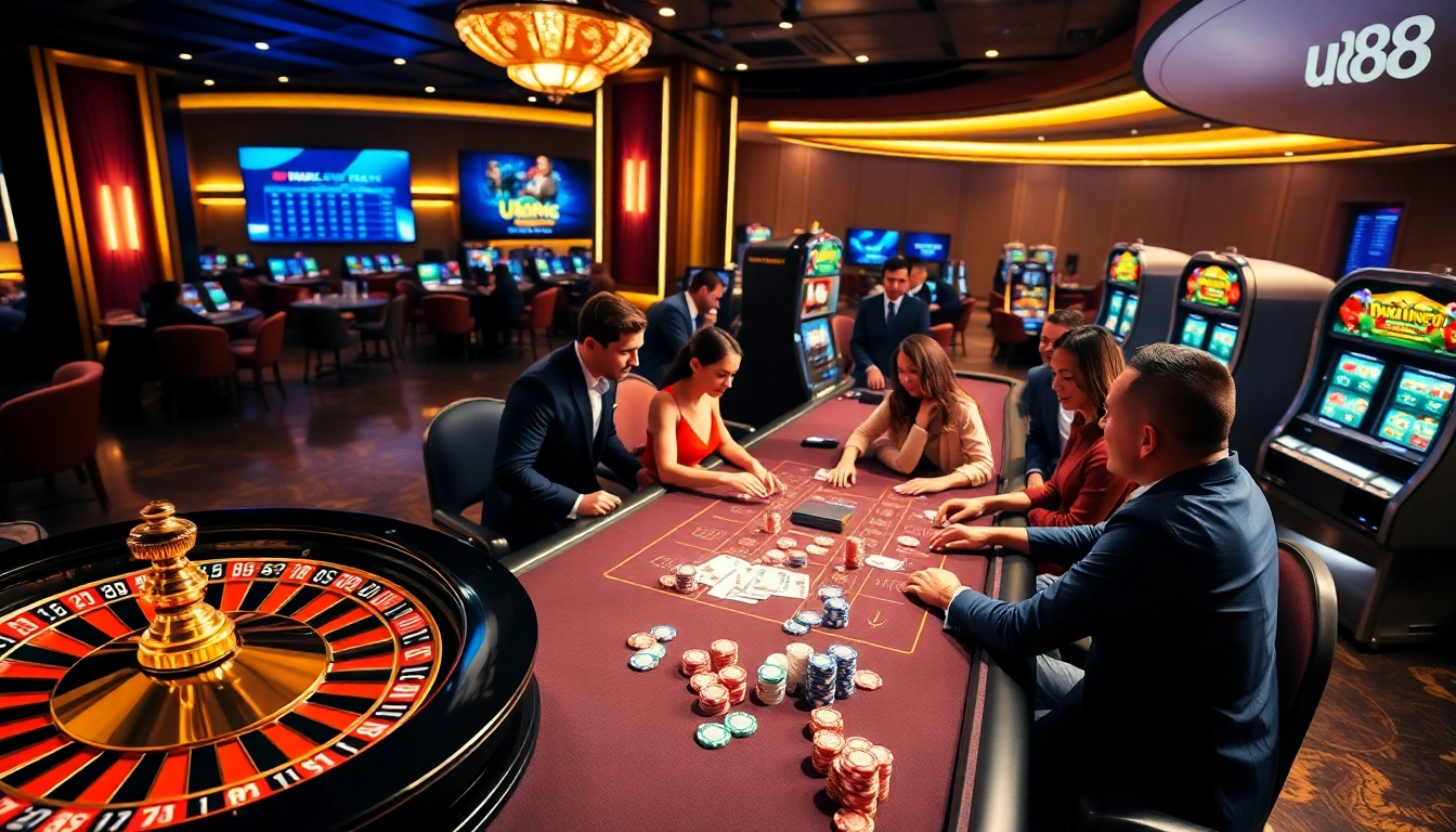 Experience the thrill of u888 with a vibrant casino scene featuring poker tables, roulette, and slot machines.