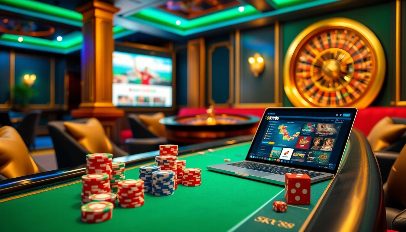 Experience the thrill of betting at nhà cái SKY88 with vibrant poker chips and an online gambling interface.