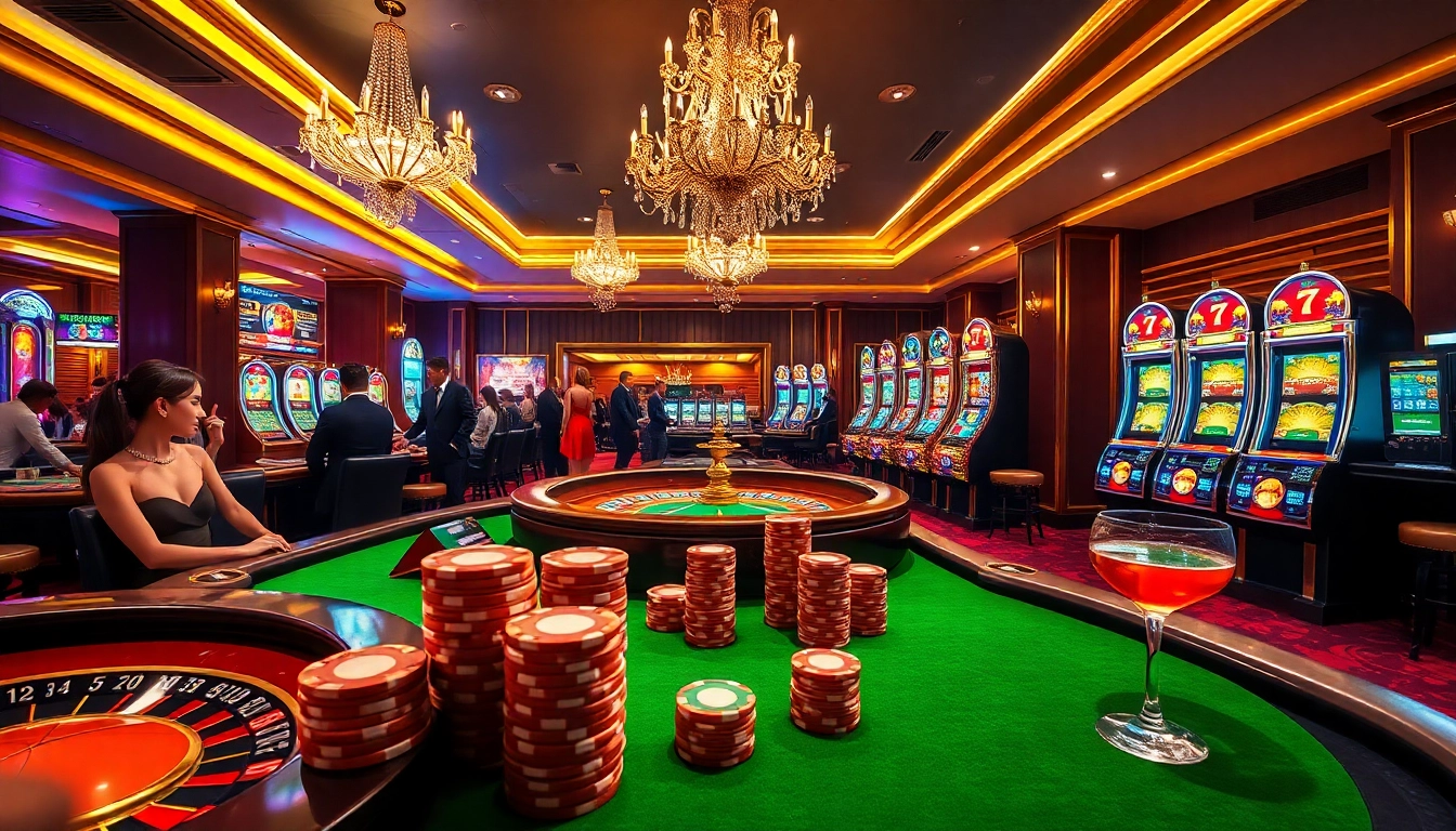A lively casino environment with players at a table showcasing nhà cái DA88 excitement and professionalism in gambling.
