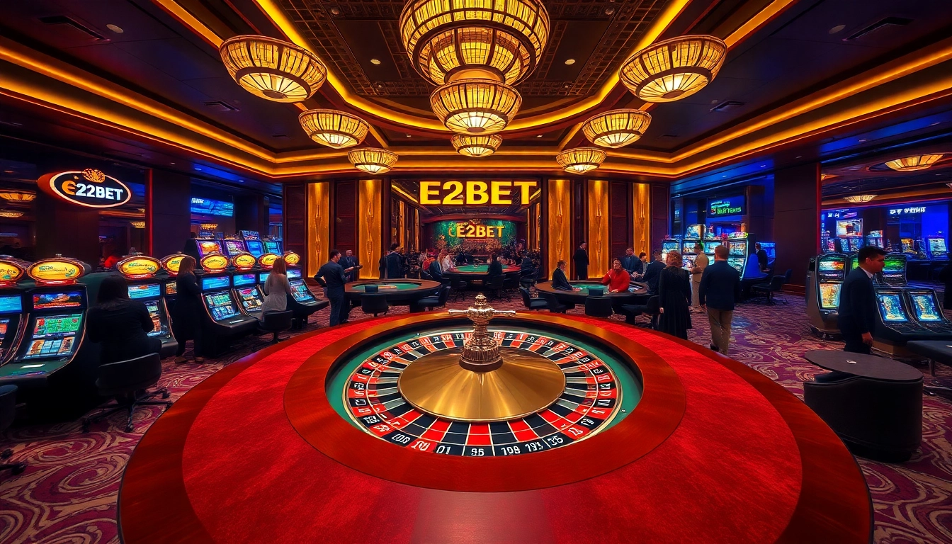 Players enjoying games at E2BET's luxurious casino scene with exciting roulette and slot machines.