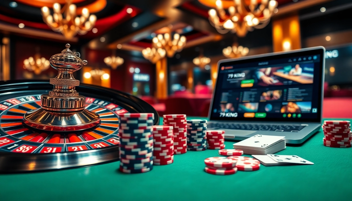 Experience winning thrills with 79KING's luxurious casino scene featuring roulette, poker chips, and online interfaces.