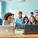 Diploma kopen via Telegram in een moderne klasomgeving met diverse studenten die actief deelnemen aan hun opleiding.