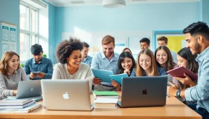 Diploma kopen via Telegram in een moderne klasomgeving met diverse studenten die actief deelnemen aan hun opleiding.