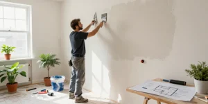 Expert stukadoor die stucwerk aanbrengt in een lichte woninginterieur.