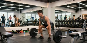 Prime Pharma Steroiden bodybuilding athlete performing deadlift in gym.