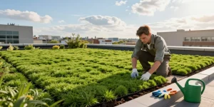 wat kost sedumdak per m2 met een tuinier die levendige sedummatten installeert op een stedelijk dak tijdens zonnig weer