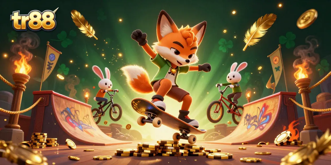 Experience thrilling gameplay with tr88, featuring a skateboarder fox and BMX rabbit in vivid casino action.