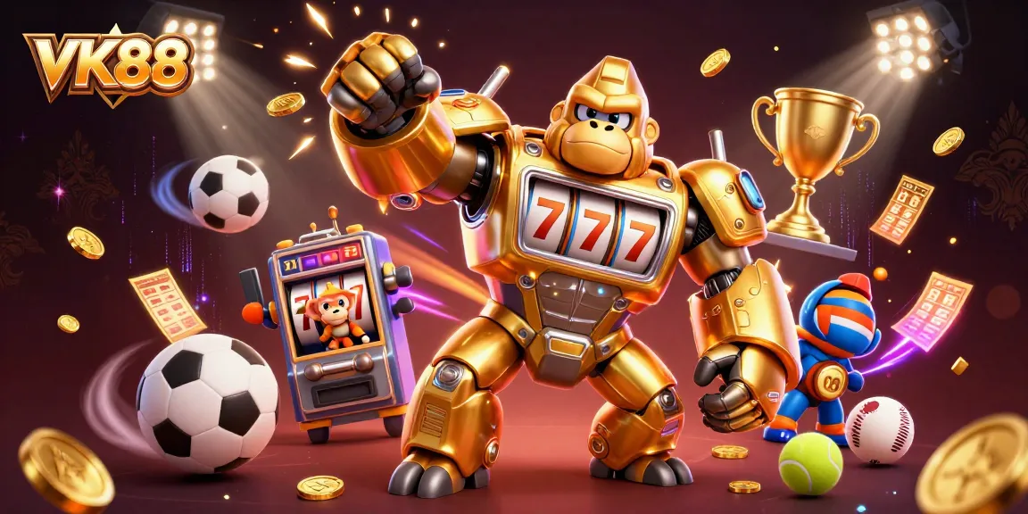 Experience thrilling gameplay with VK88's vibrant 3D casino scene featuring a golden gorilla mech.