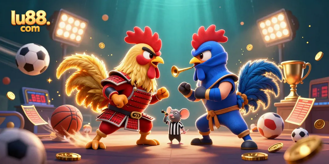 Experience thrilling action at lu88. com with fighting roosters in a dynamic casino scene.