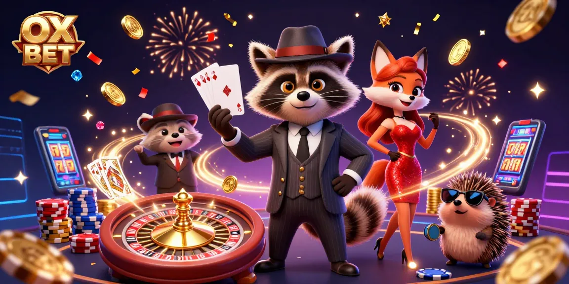 Experience excitement with OX BET through a colorful 3D casino scene featuring a raccoon, fox, and hedgehog.