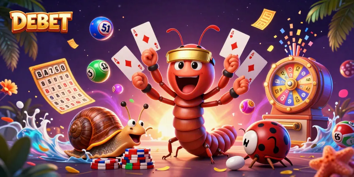 DEBET showcases an exciting dealer scene with a millipede and vibrant gambling elements, adding energy and fun.