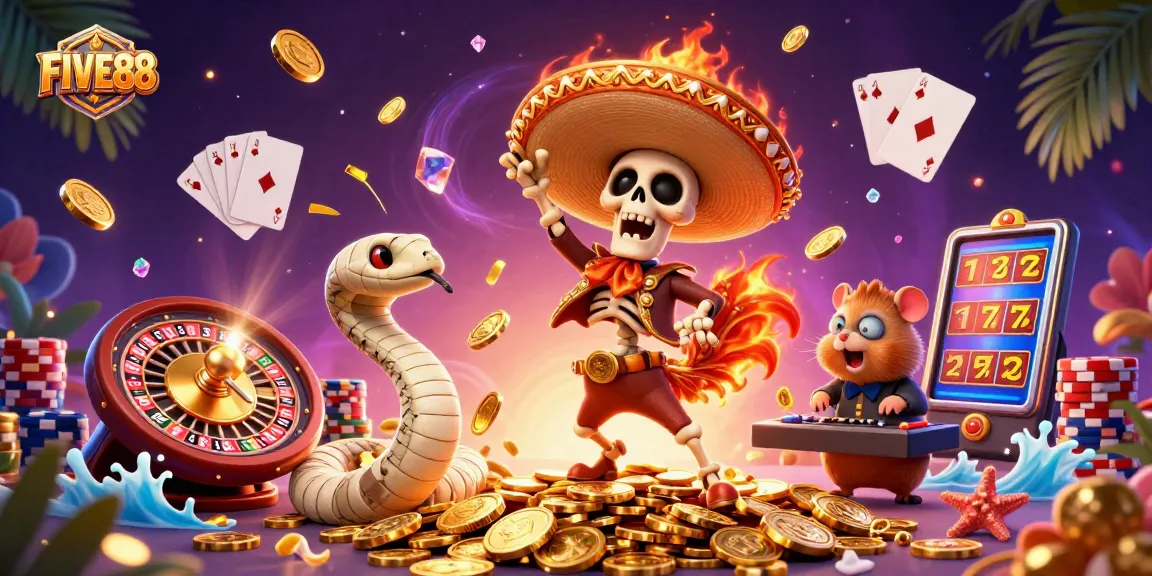 Experience thrilling wins with FIVE88 as a joyful cartoon skeleton celebrates alongside a mummy snake and a DJ.